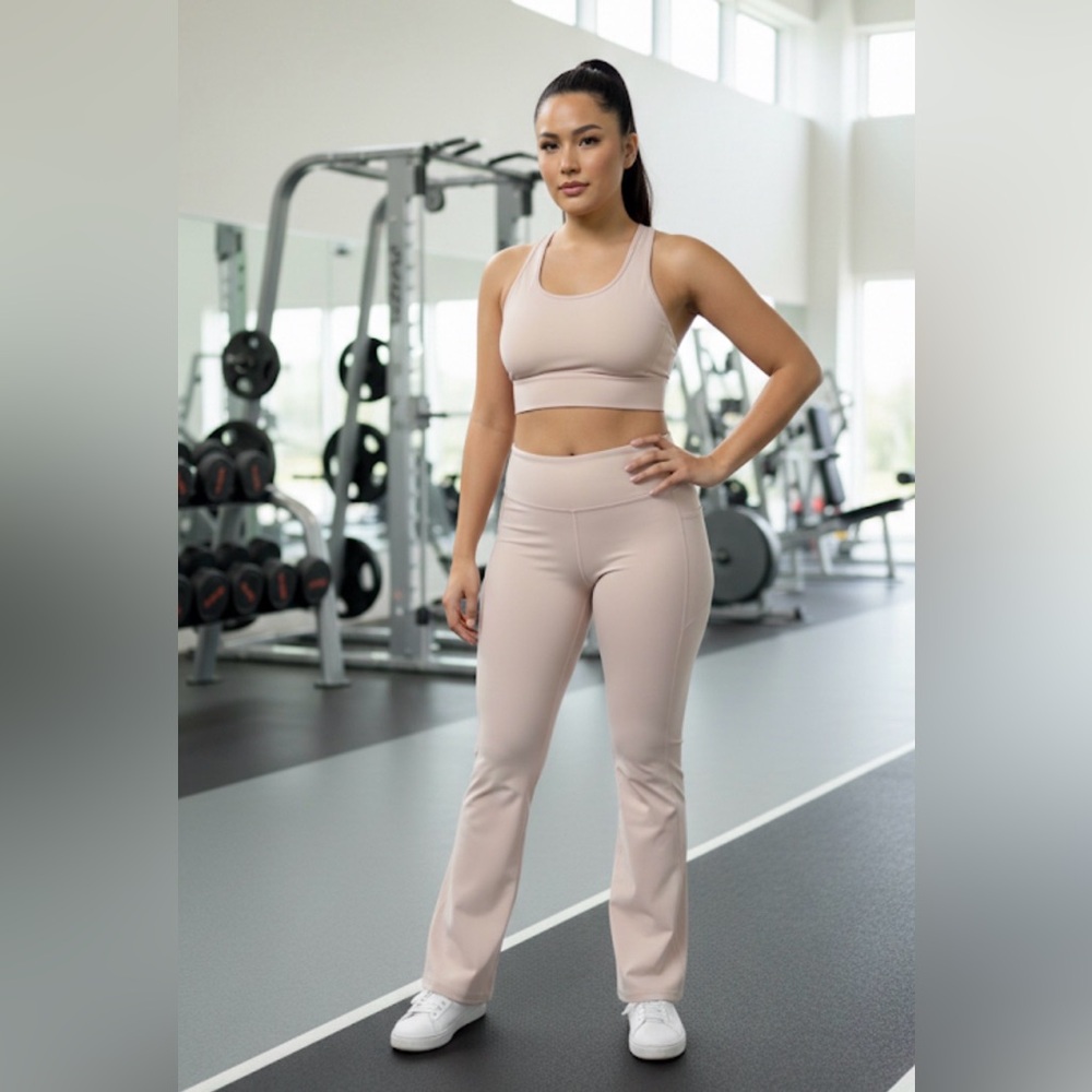 🆕 Yoga Fitness - Cream/Nude Pink Workout Athletic Flare Leggings/Pants w/Pockets
